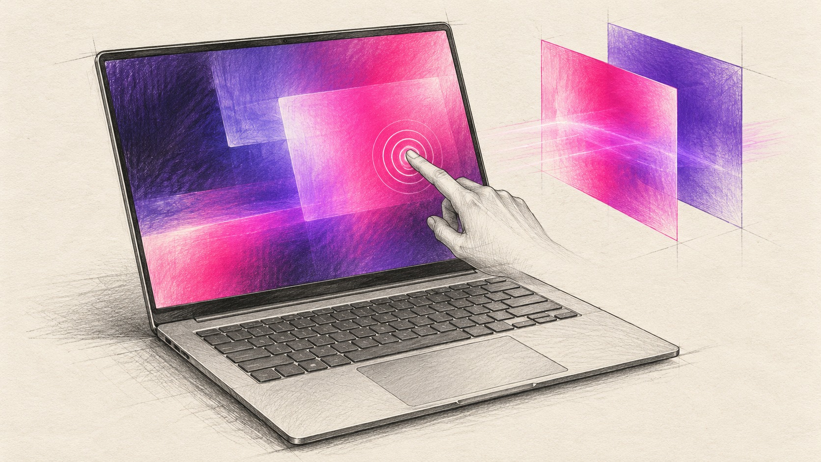 Graphitillustration eines berührungsbedienten Notebooks mit symbolischen OLED-Lichtschichten