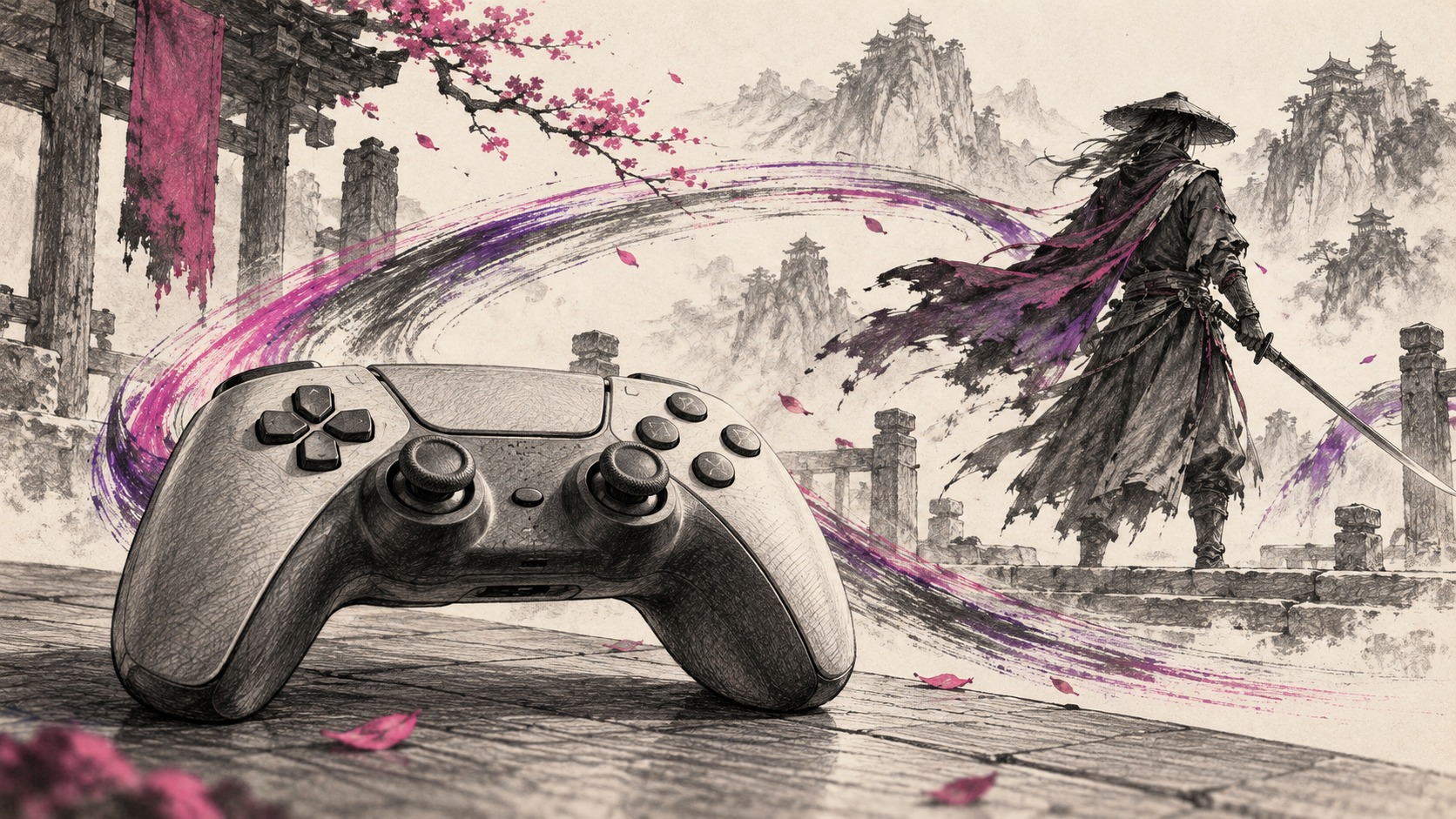 Graphitillustration eines Gamecontrollers vor einer erfundenen Kampfsport-Spielwelt
