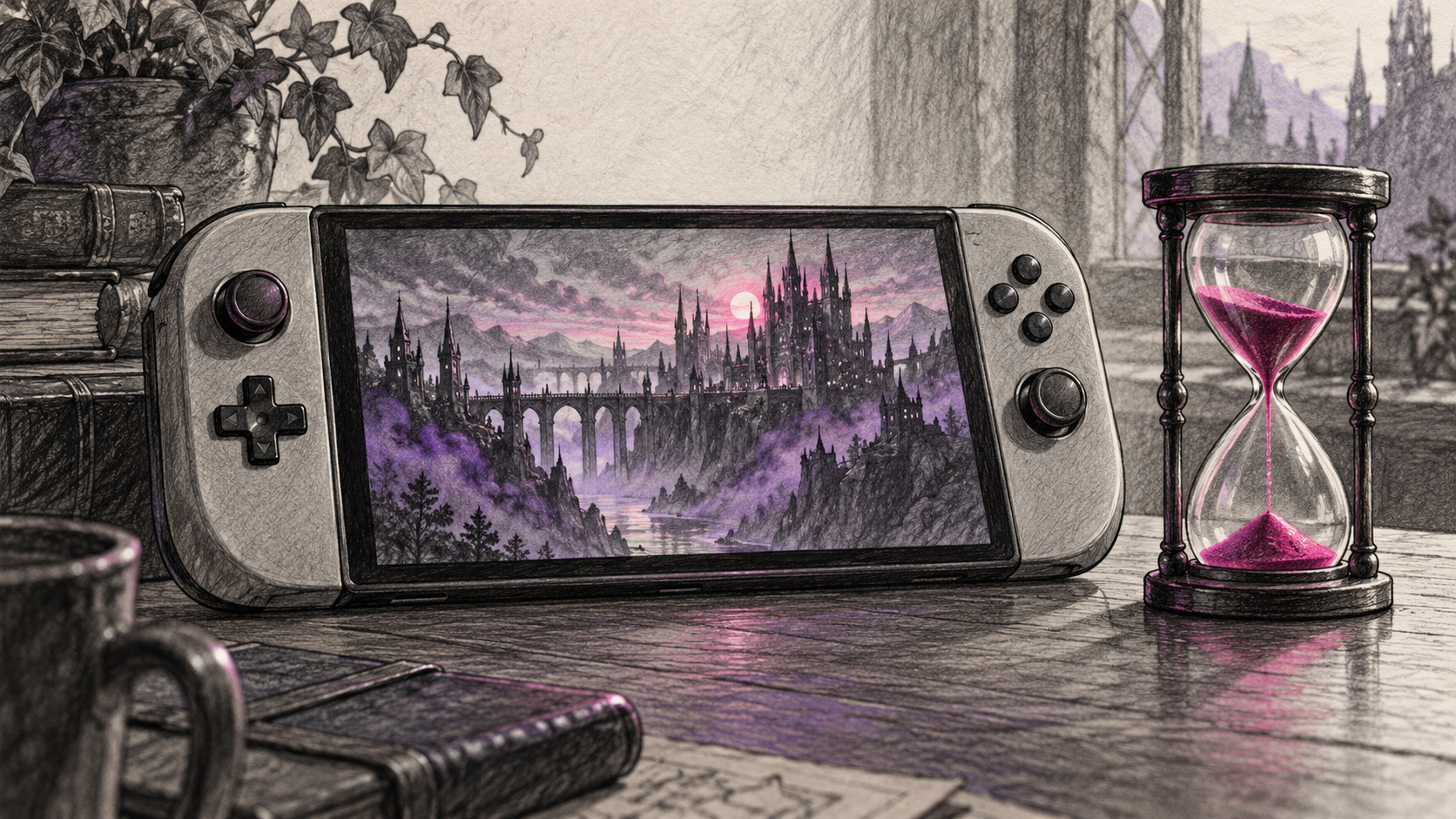 Graphitskizze einer generischen Handheld-Konsole mit erfundener Stadtansicht und Sanduhr