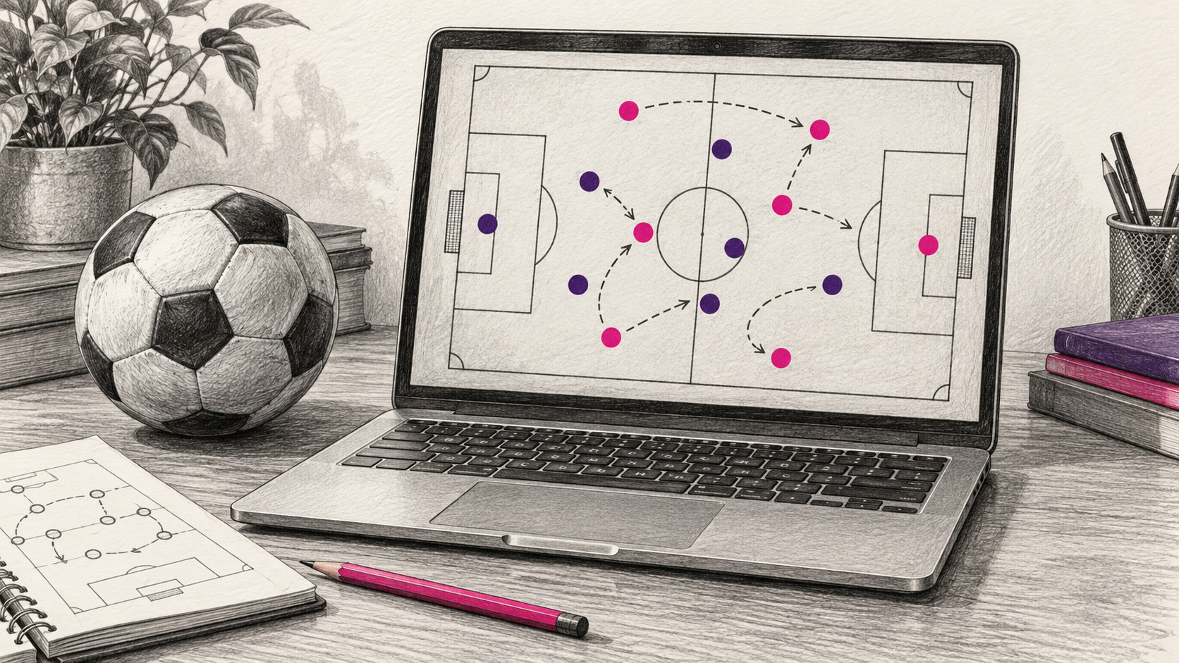 Graphitskizze eines Laptops mit schematischer Fußballtaktik, Ball und Bleistift