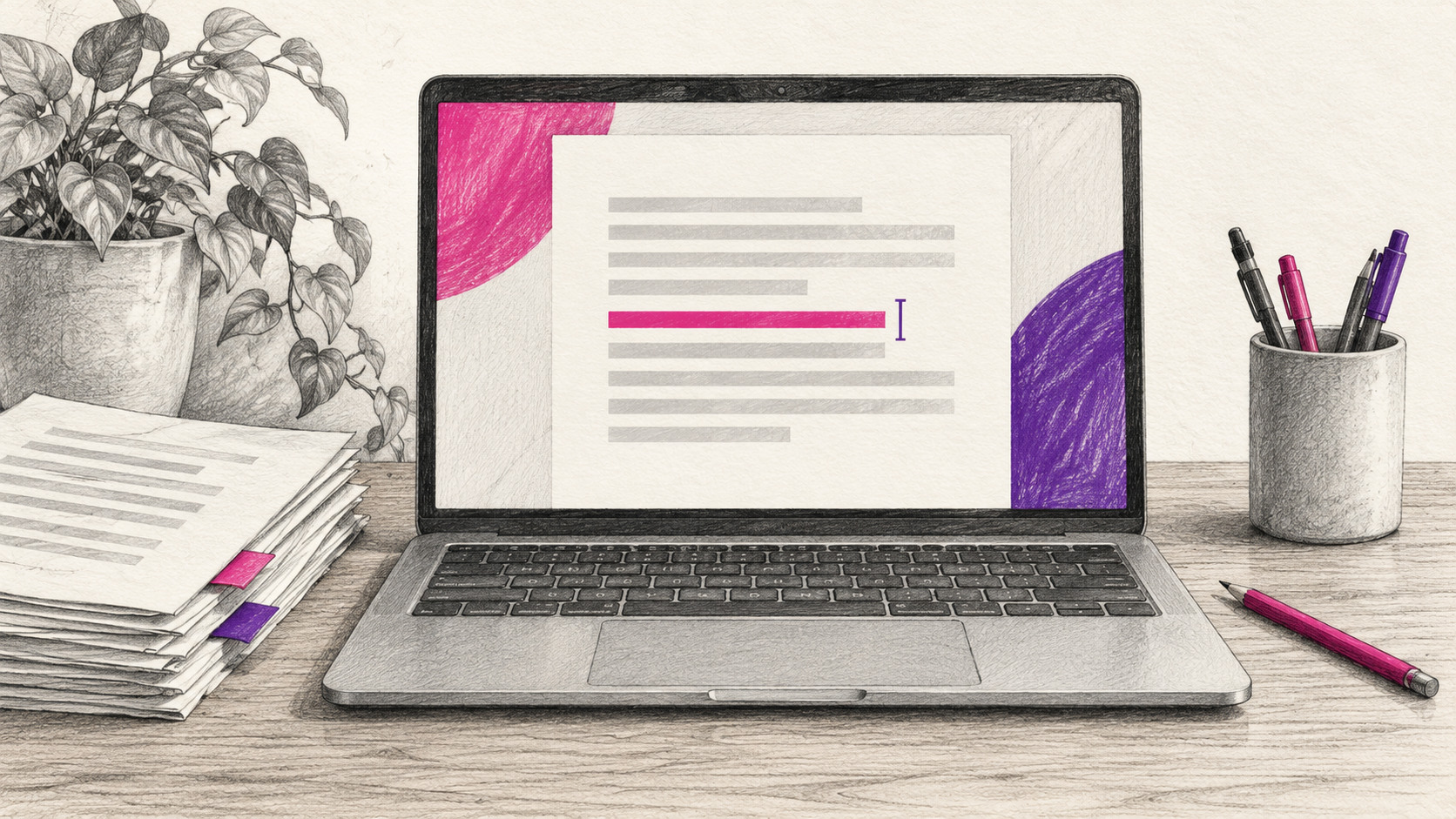 Graphitskizze eines Laptops mit abstrahiertem Dokument und markierter Textzeile