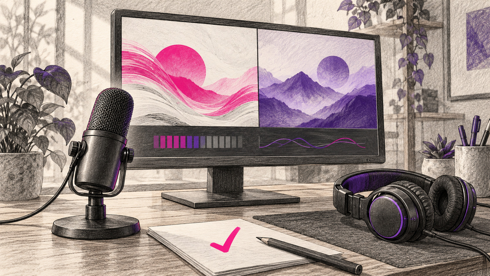 Graphitskizze von Monitor, Mikrofon und Kopfhörer für einen Streaming-Arbeitsplatz