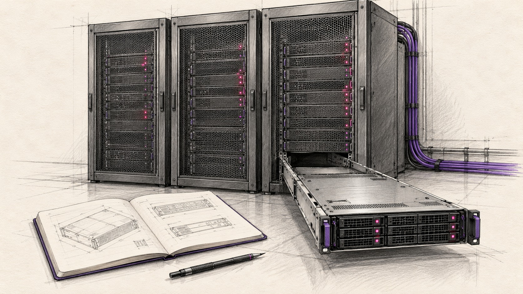 Graphitskizze von Server-Schränken mit herausgezogener Server-Schublade