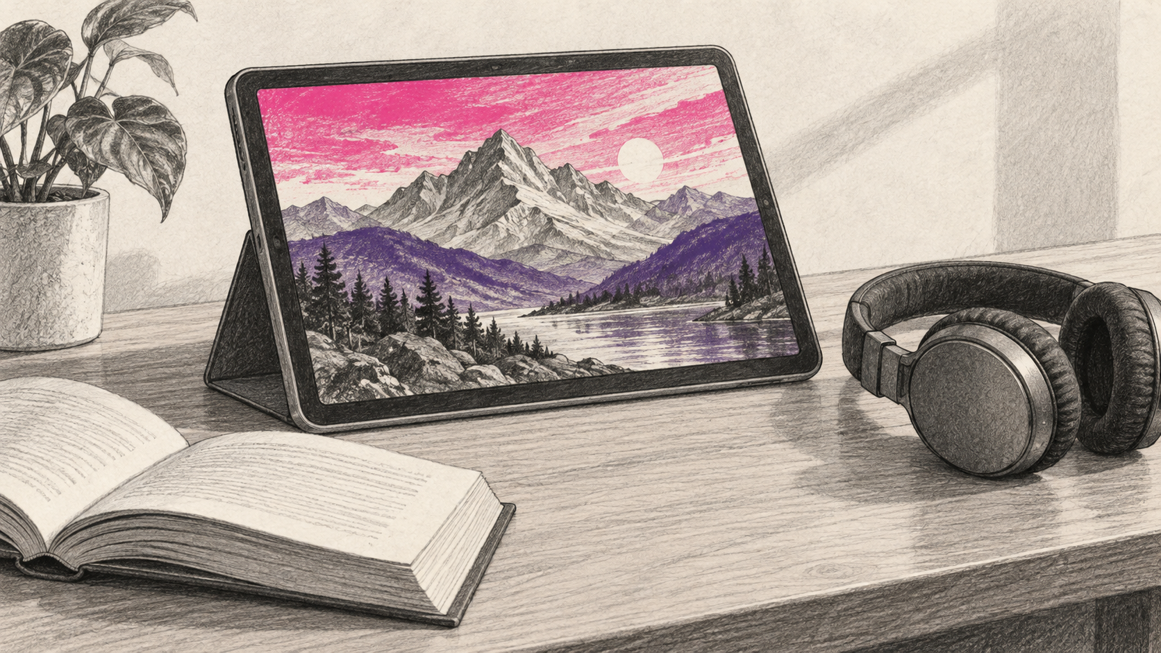 KI-Illustration: generisches Tablet mit Berglandschaft neben einem Buch und Kopfhörern