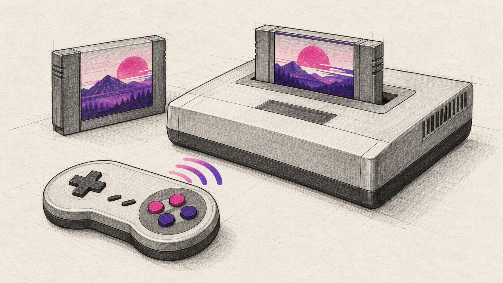 Technische Skizze einer generischen Modulkonsole mit eingestecktem Spielmodul und kabellosem Retro-Controller.