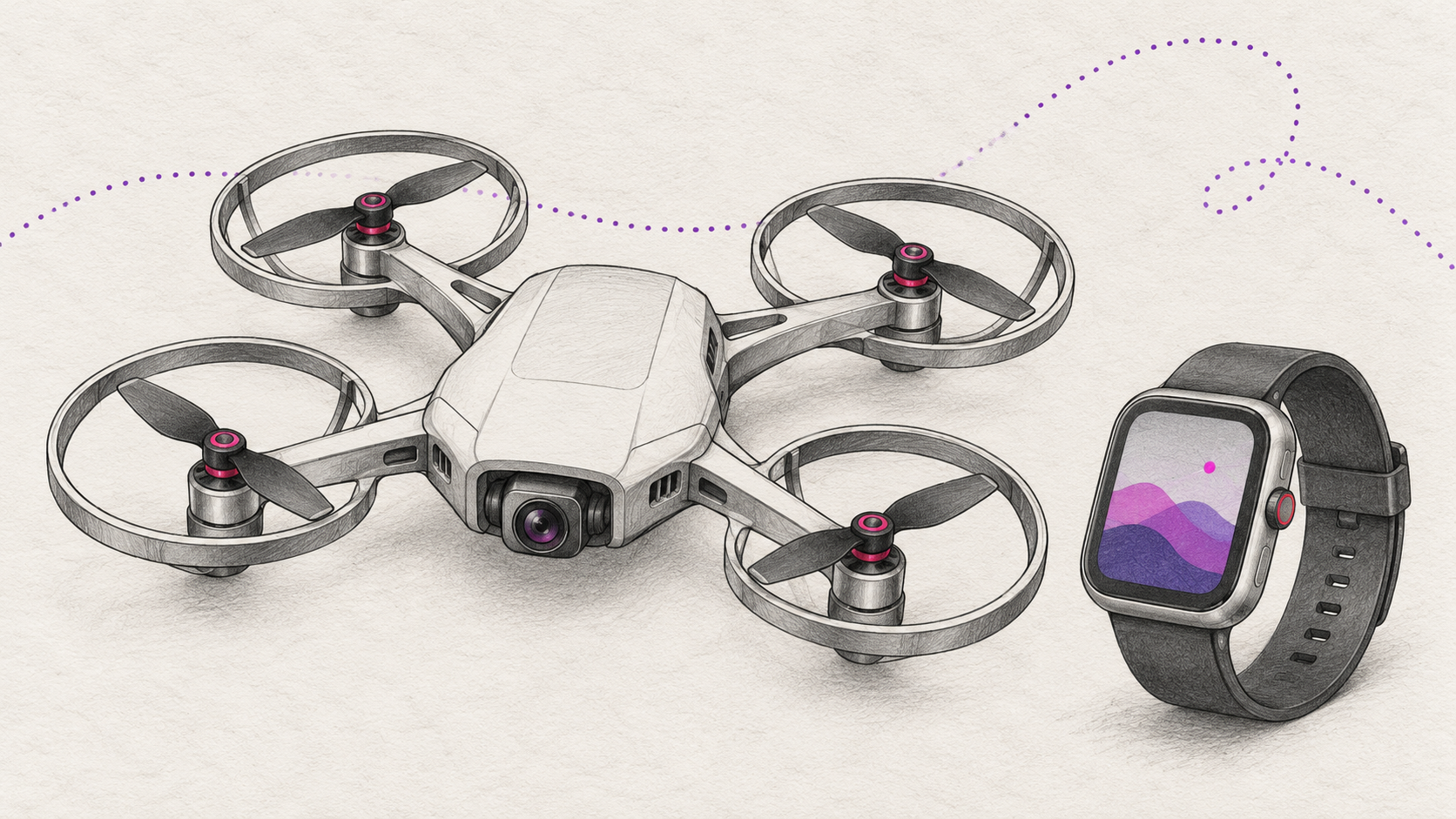 Generischer Quadrocopter mit vier plausiblen Propellerschutzringen neben einer Armbanduhr-Steuerung.