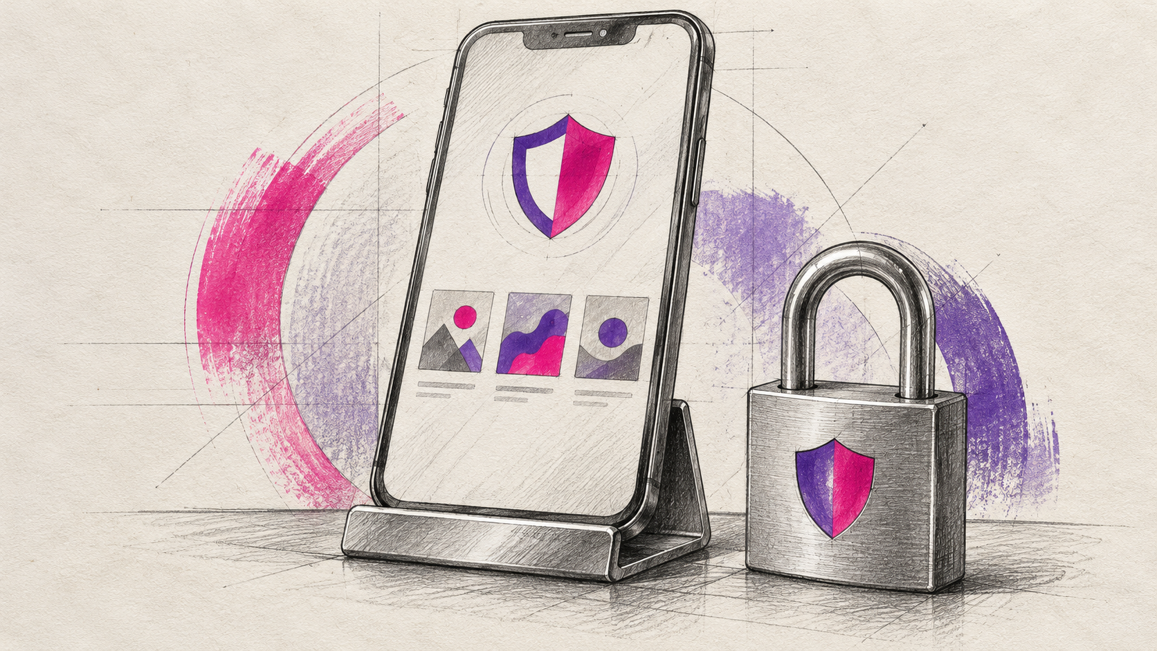 Graphitskizze eines Smartphones mit abstraktem Schutzschild und geschlossenem Vorhängeschloss.