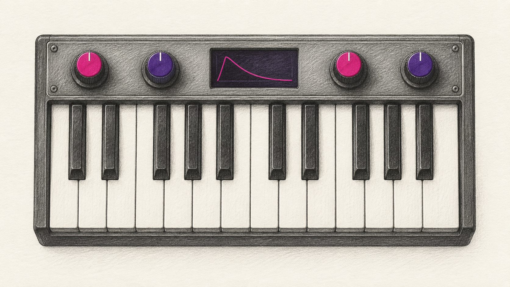 KI-Illustration: generisches Synthesizer-Keyboard mit vier Klangreglern und symbolischer Hüllkurve