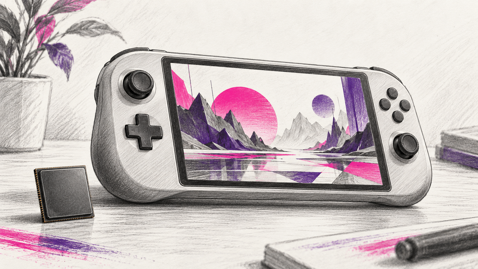 Generischer Gaming-Handheld neben einem symbolischen Chip; keine verifizierte Produktkonstruktion.