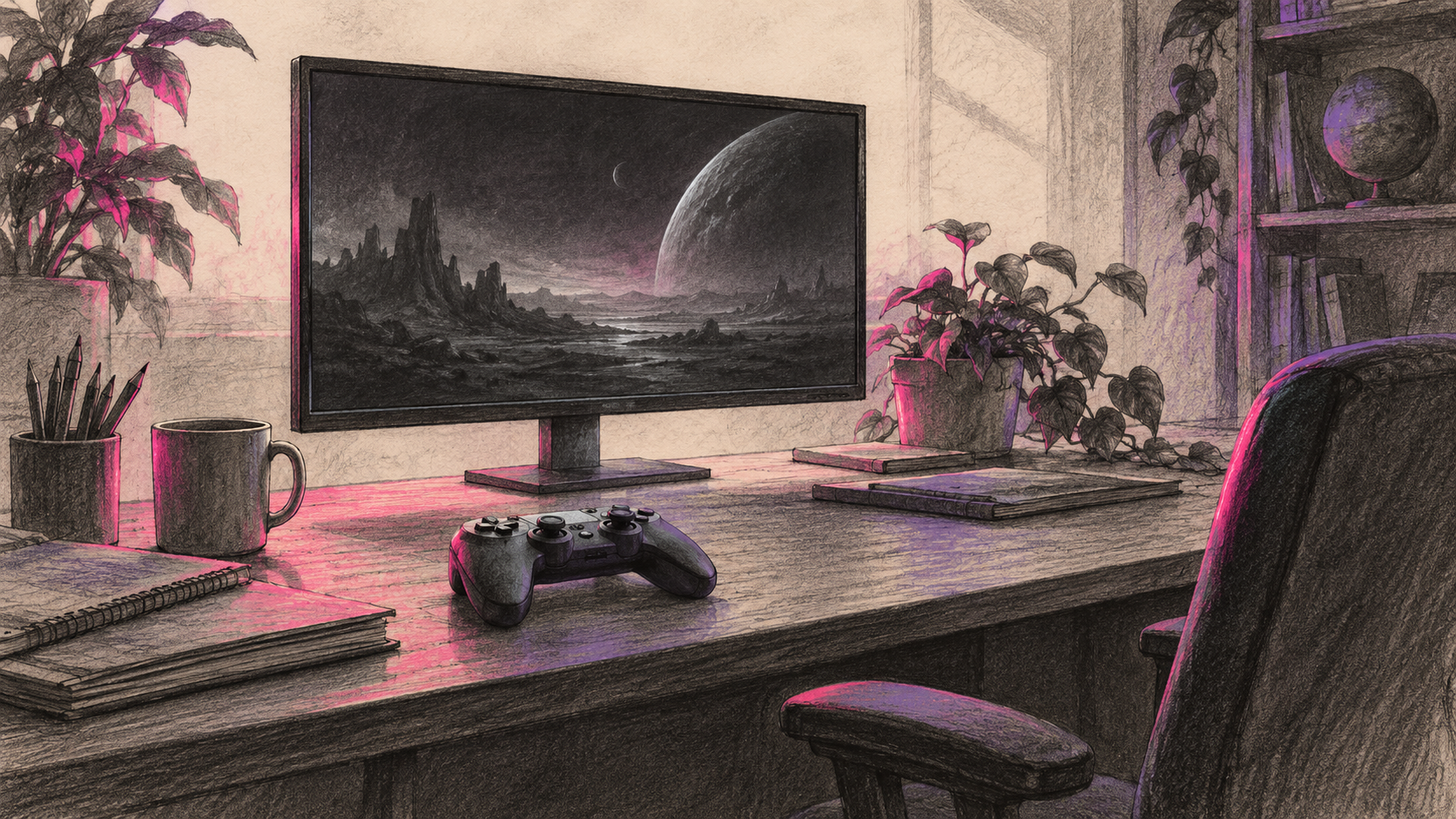 Leerer Spieleentwicklungsplatz mit Monitor, Fantasielandschaft und Controller.