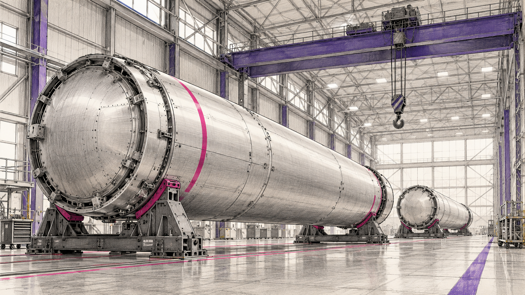 Graphitskizze zylindrischer Raketenbauteile auf Halterungen in einer symbolischen Fertigungshalle.