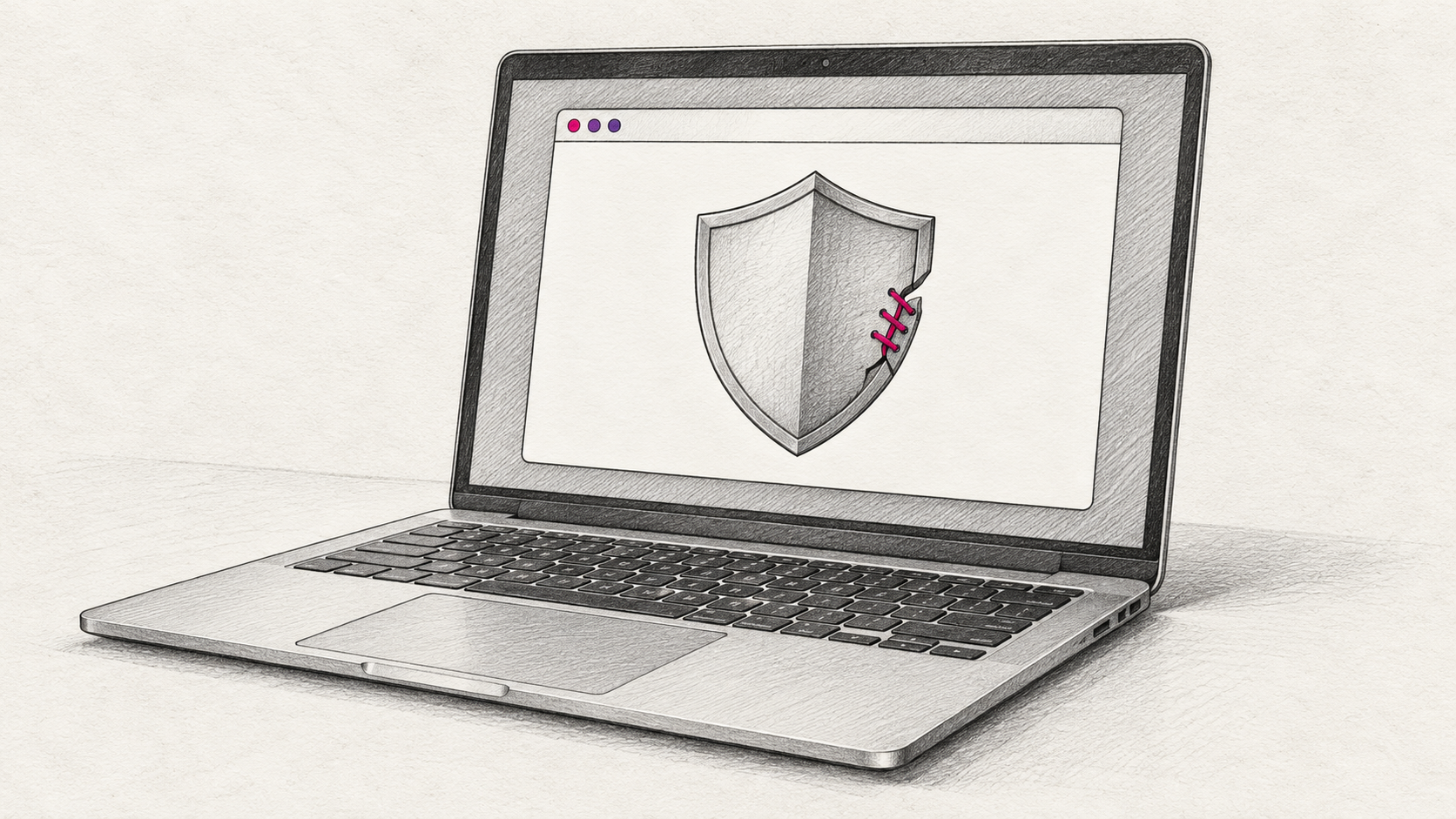 Laptop mit durchgehendem Browserrahmen und einem symbolisch reparierten Schutzschild.