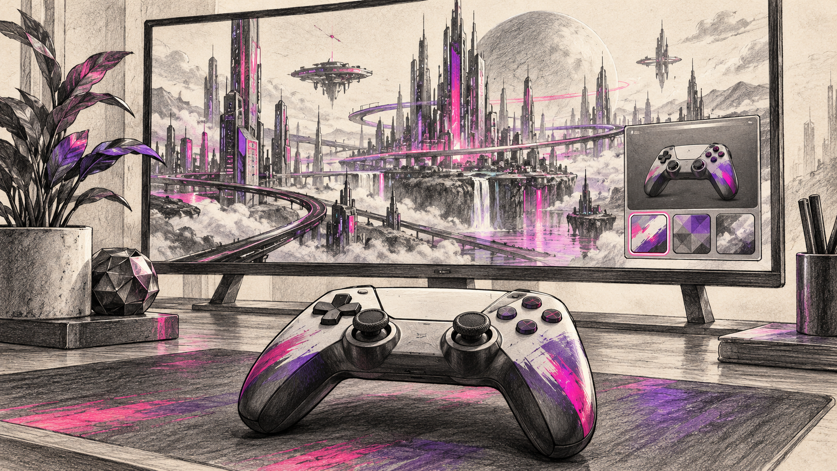 Controller vor einer abstrakten futuristischen Spielewelt auf einem Monitor.