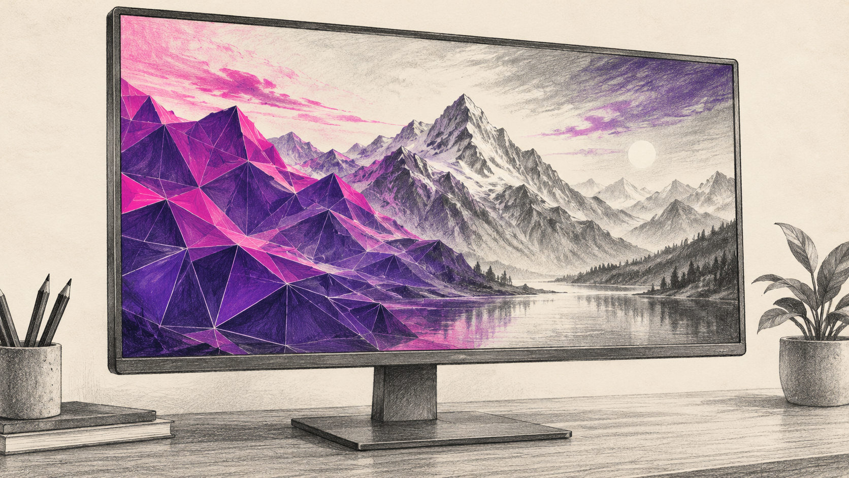 Graphitskizze eines Monitors mit einer abstrakten Landschaft zwischen geometrischen Flächen und feiner Schattierung