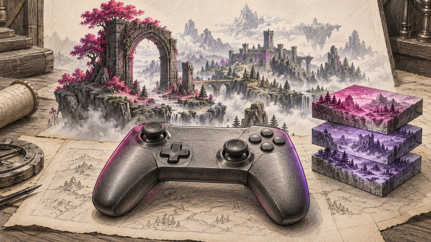 Graphitskizze eines Controllers vor einer symbolischen Fantasywelt und gestapelten Spielwelt-Blöcken.