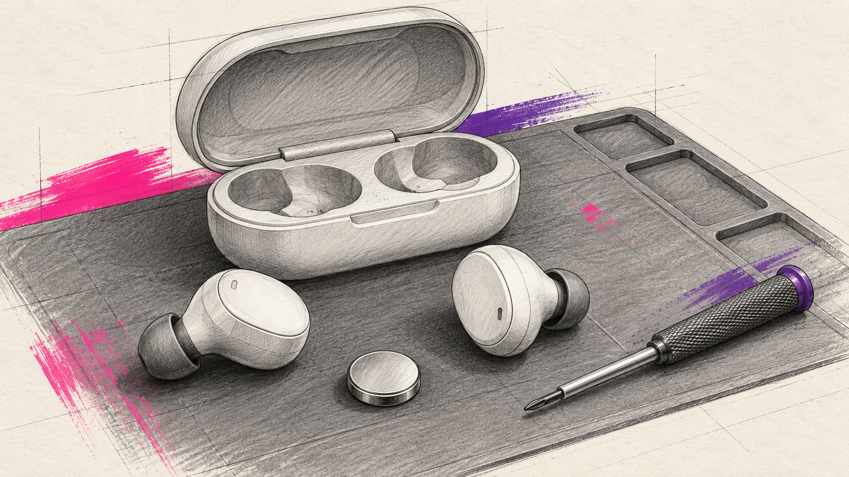 Graphitskizze generischer In-Ear-Kopfhörer mit Ladecase, separatem kleinen Akku und Schraubenzieher.