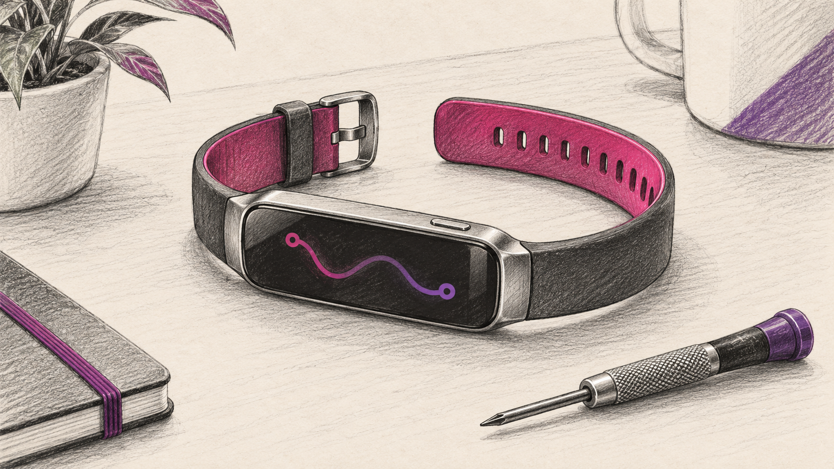 Graphitillustration eines generischen Fitnessarmbands mit Display und seitlicher Taste neben einem kleinen Schraubendreher