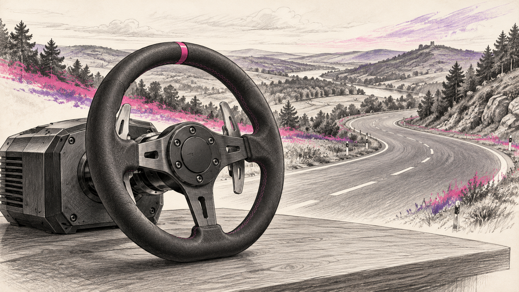 Graphitskizze eines Sim-Racing-Lenkrads vor einer kurvigen Straße in einer symbolischen Eifellandschaft.