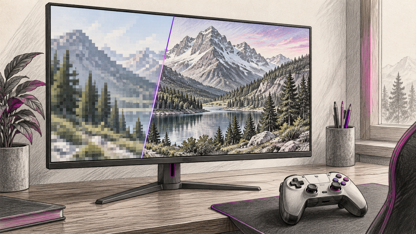 Generischer Gaming-Monitor mit symbolischer Bildrekonstruktion und Controller.