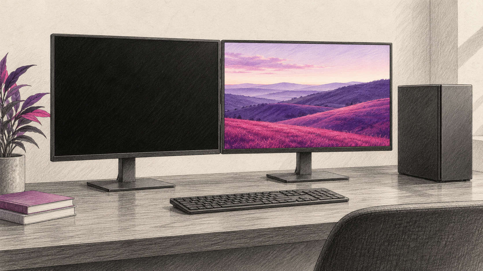 Generischer Arbeitsplatz mit schwarzem Monitor und zweitem Bildschirm mit Videomotiv.