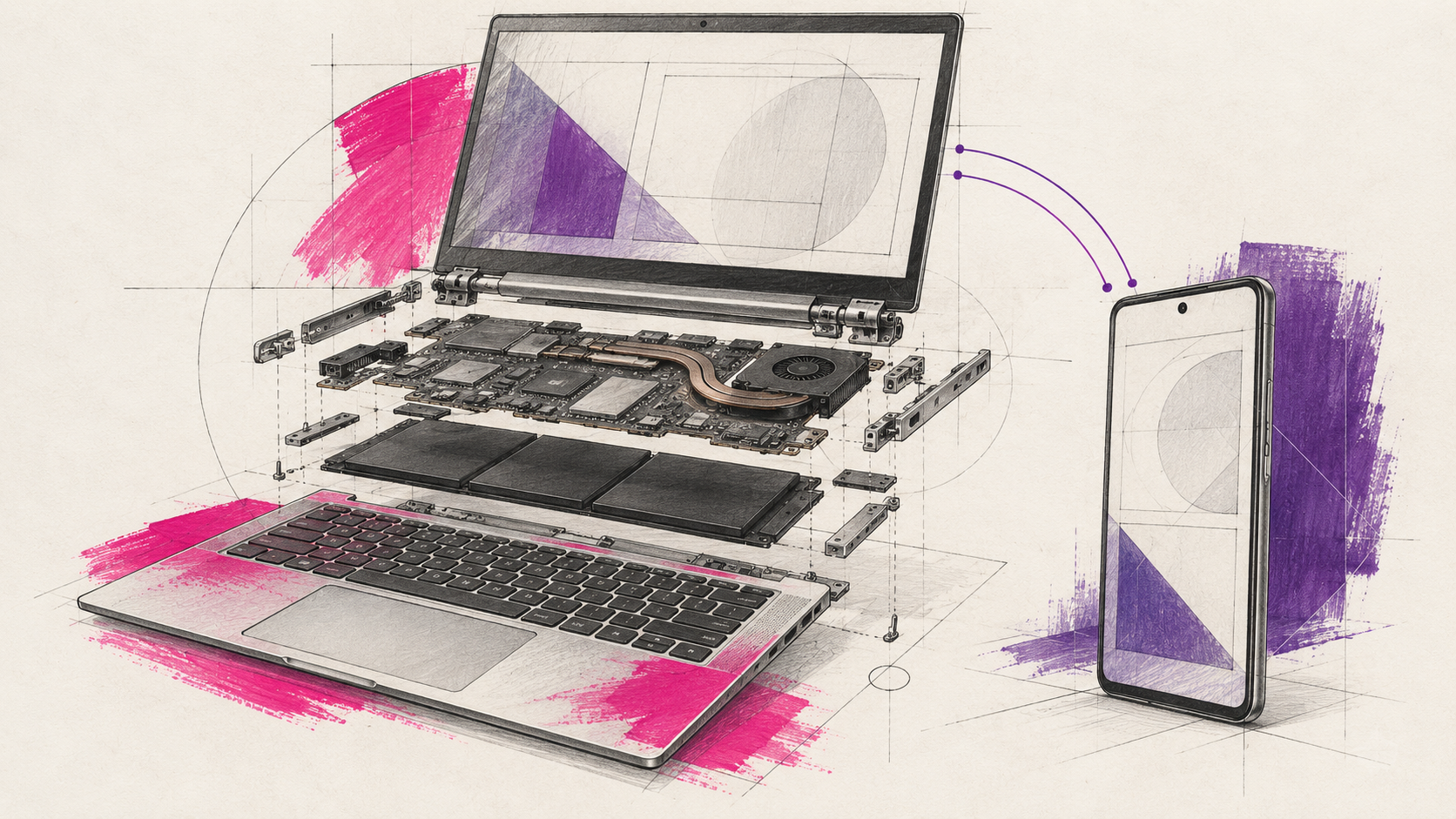 Technische Illustration: Notebook-Komponenten und verbundenes Smartphone