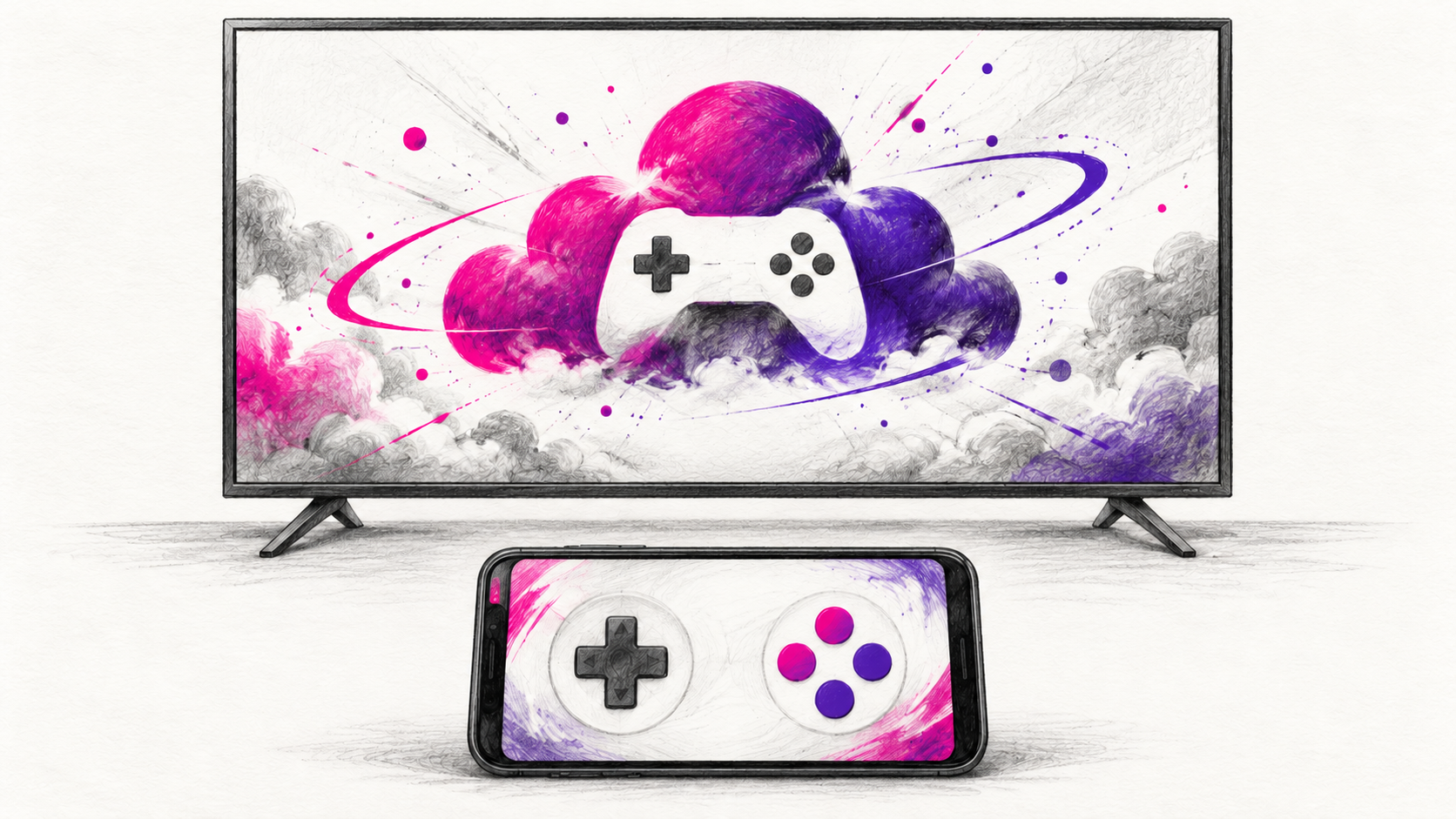 Graphitskizze eines Fernsehers mit Cloud-Spielesymbol und eines Smartphones als symbolischem Controller.