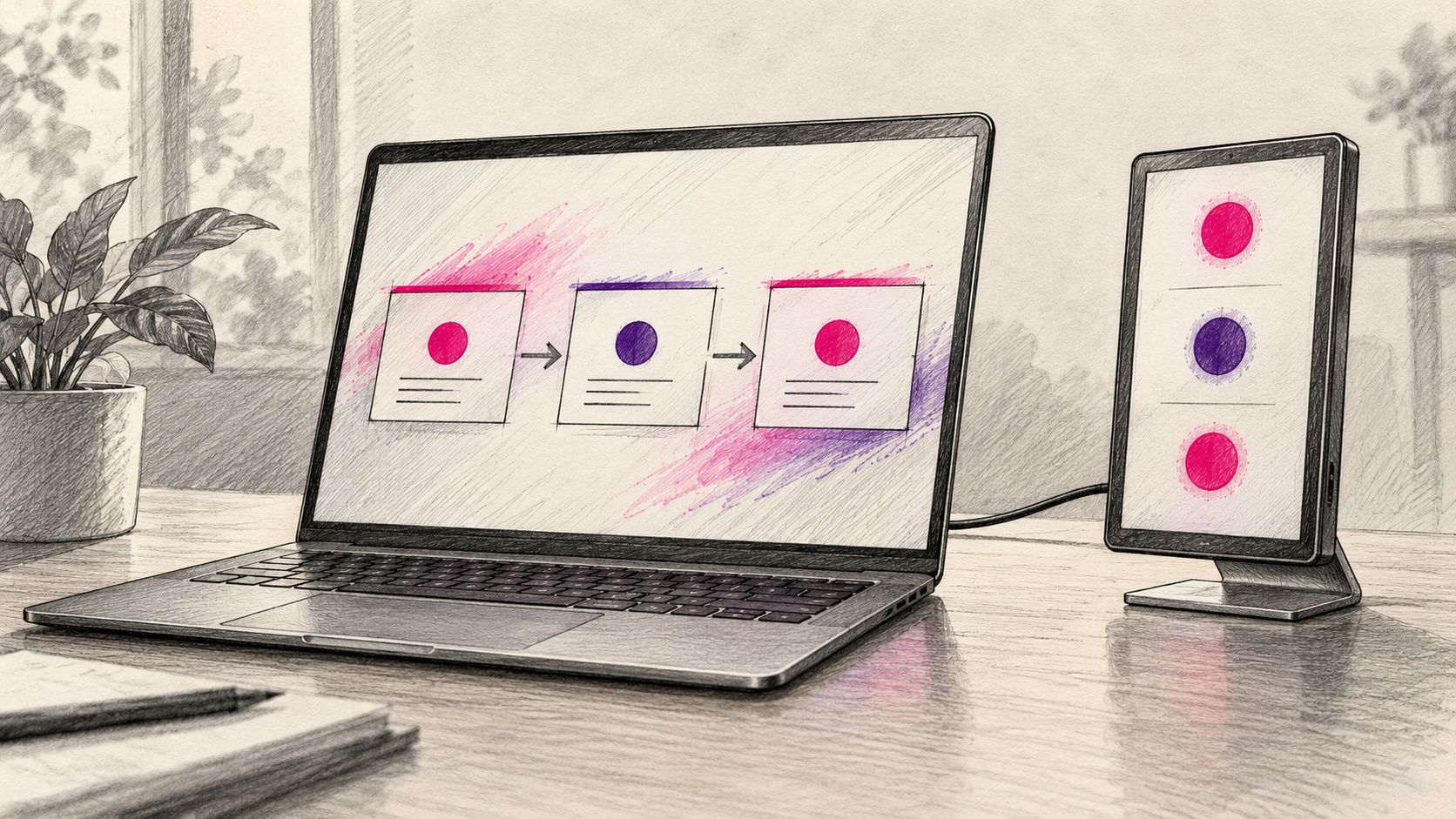 Laptop mit abstraktem Arbeitsablauf und separat stehendem Kontrollbildschirm.