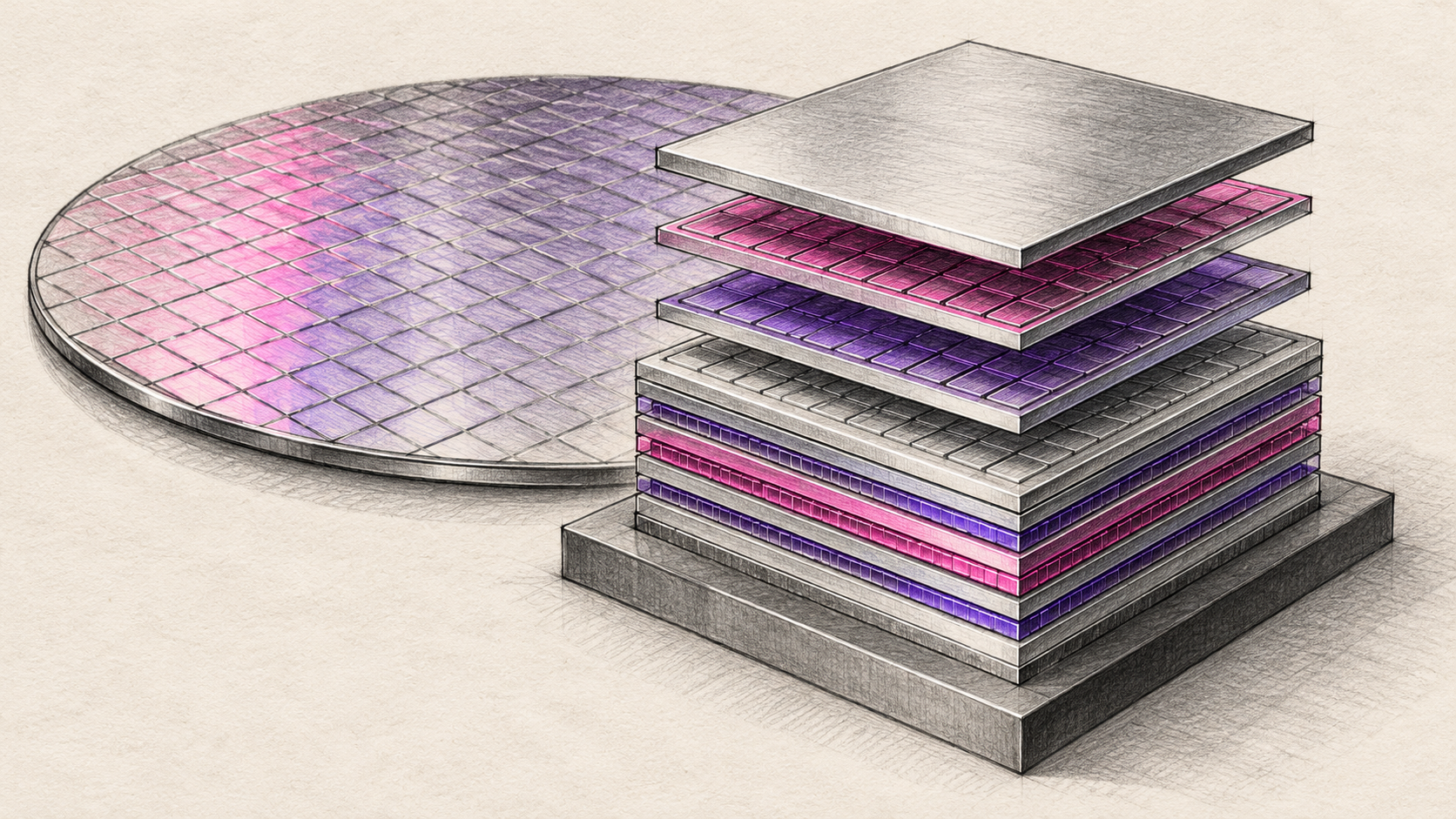 Schematisch gestapelte Speicherlagen neben einem Siliziumwafer.