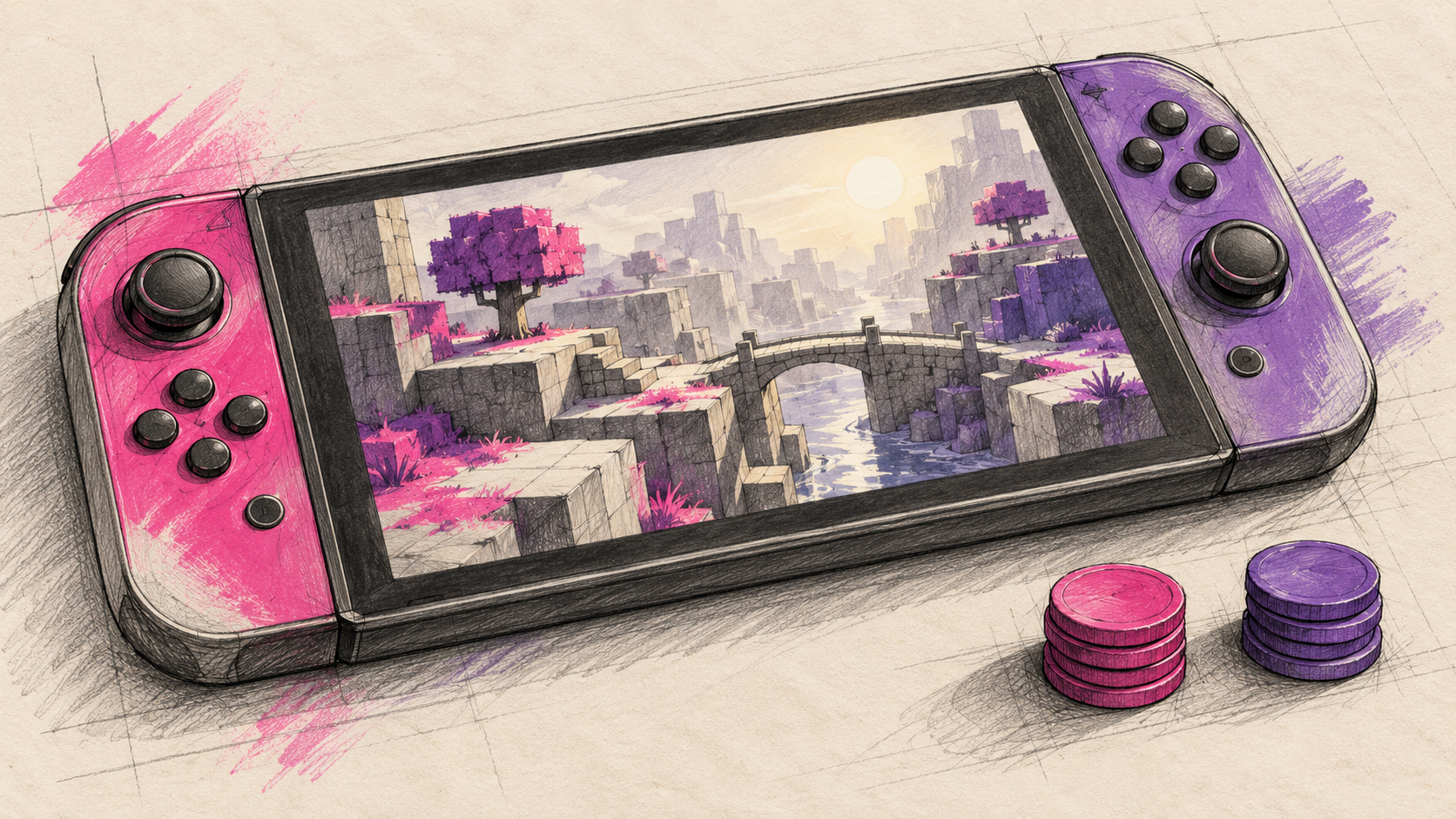 Generischer Handheld mit kubischer Spielwelt und zwei getrennten Münzstapeln.