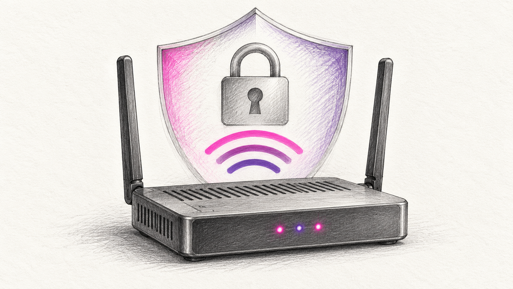 Technische Graphitskizze eines Routers mit zwei Antennen vor einem symbolischen Schutzschild.