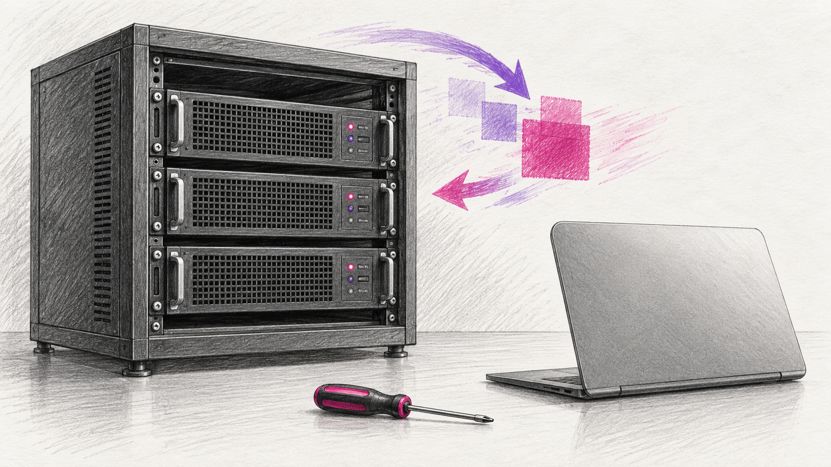 Geschlossener generischer Server mit Wartungswerkzeug und klaren technischen Konturen.
