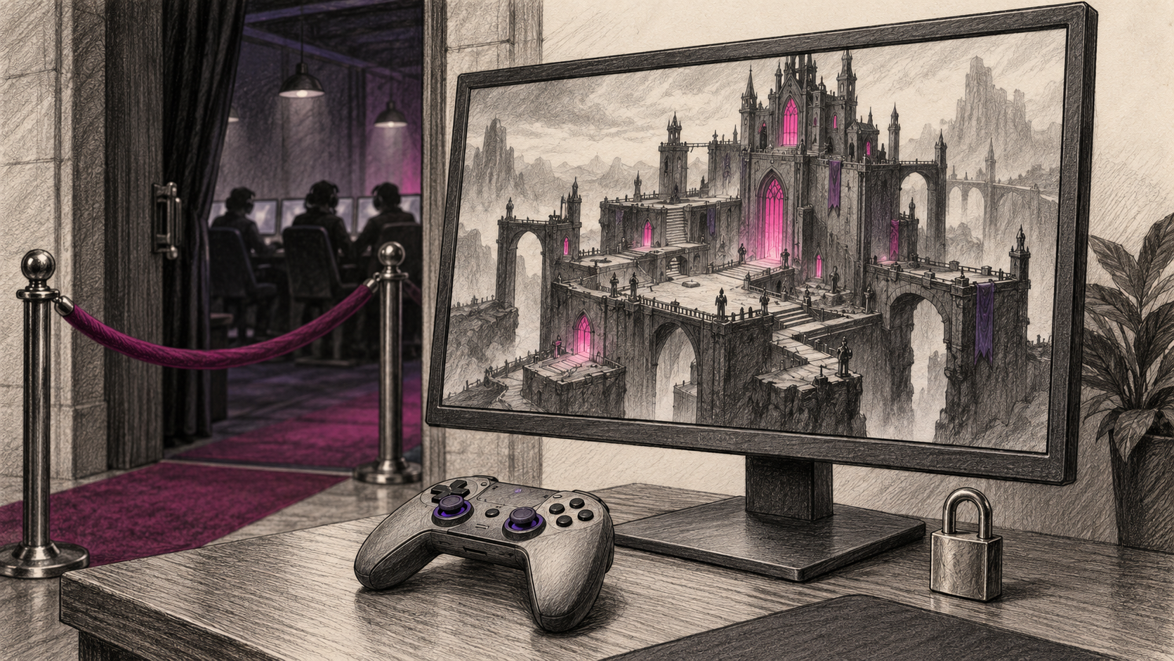 Generischer Spielemonitor mit Festung, Controller und Zugangssymbol; keine tatsächliche ReVamp-Grafik.