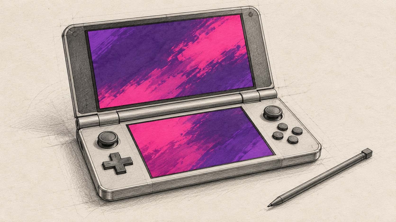Technische Graphitskizze eines generischen aufgeklappten Handhelds mit zwei Displays und Stift.