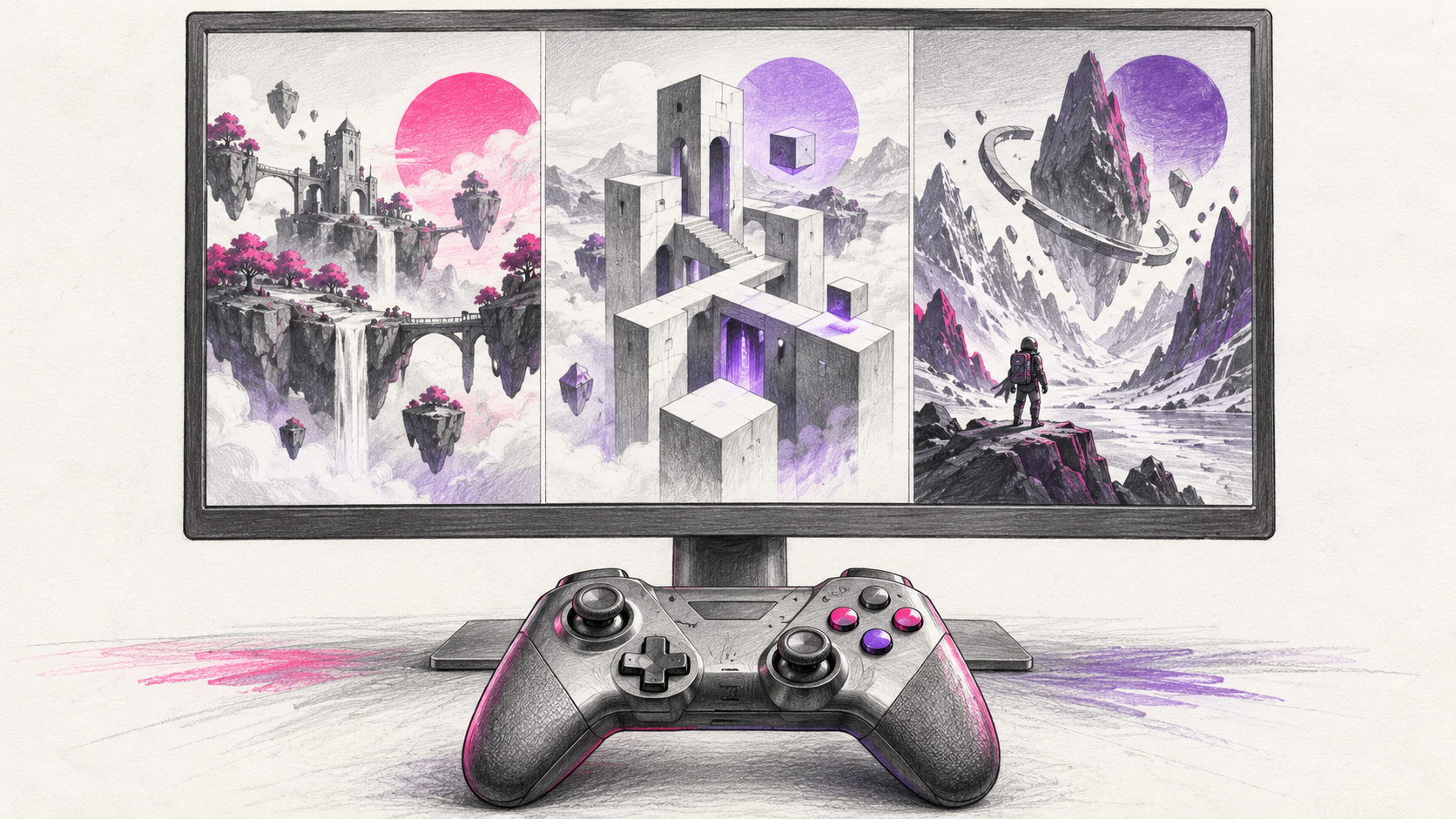 Graphitskizze eines Monitors mit drei abstrakten Spielwelten und einem Controller.