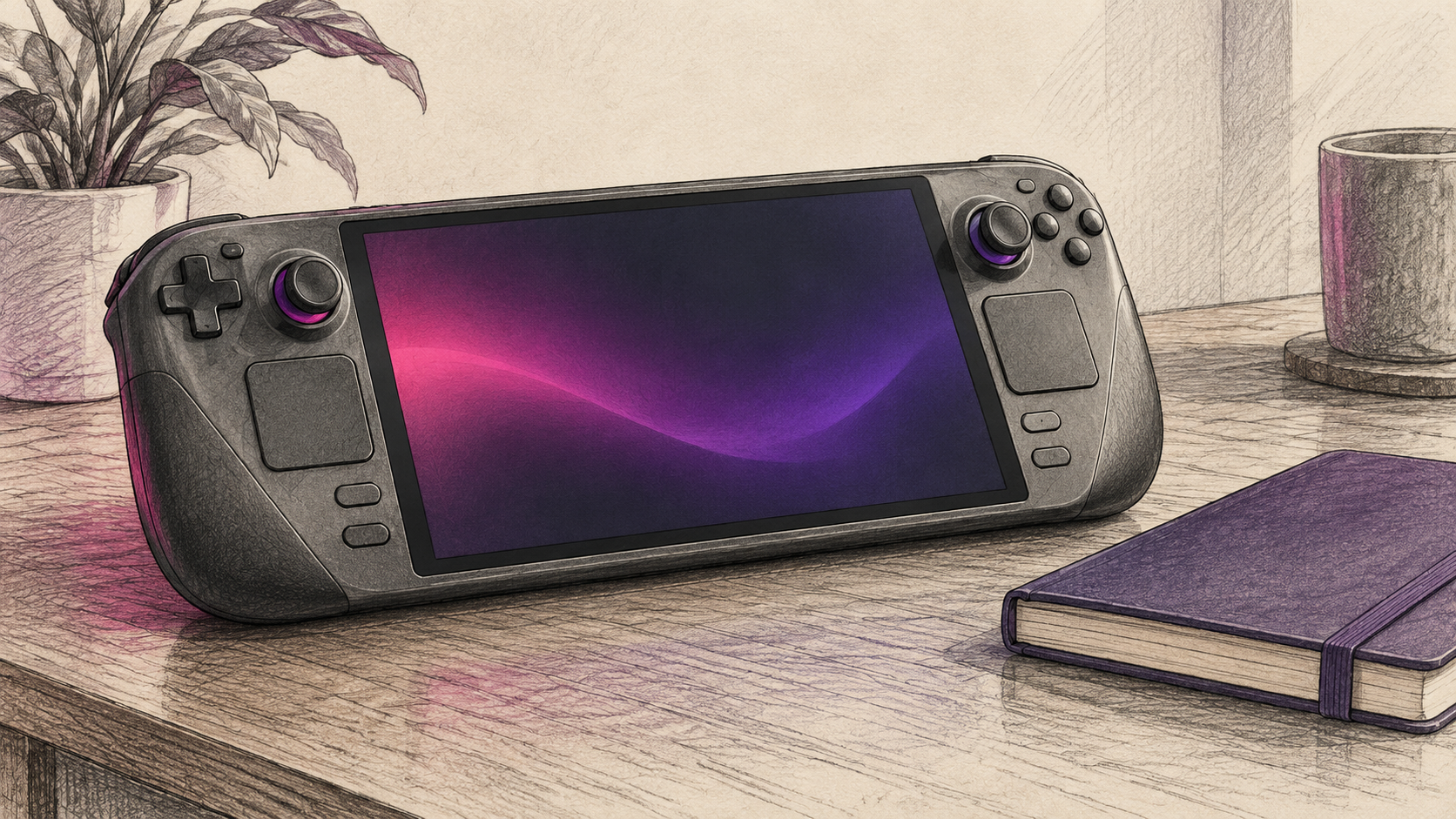 Generischer Gaming-Handheld mit abstraktem Display auf einem Schreibtisch.