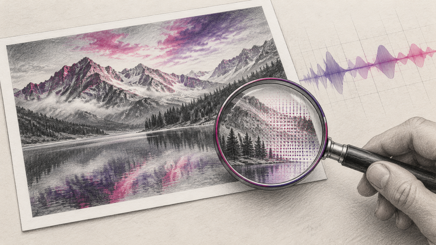 KI-Illustration: Lupe über einem Landschaftsbild mit symbolisch sichtbarem digitalem Wasserzeichen