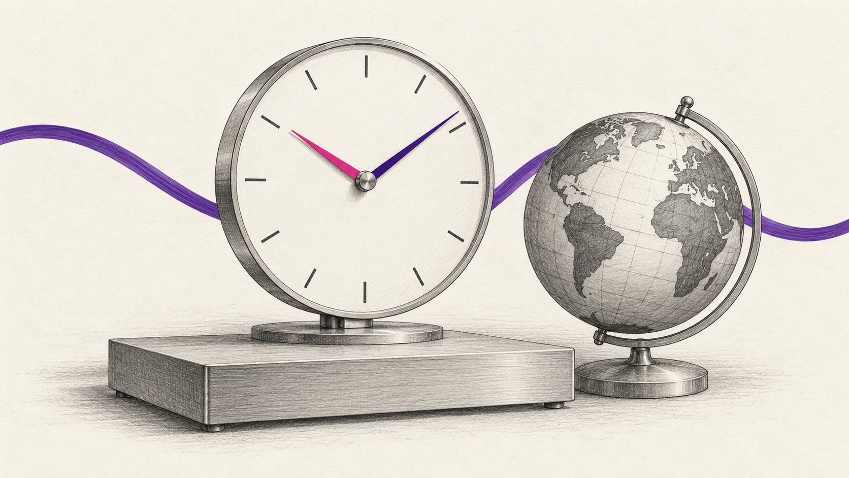 Graphitskizze einer Uhr und eines Globus mit durchgehender violetter Linie als Symbol für kontinuierliche Weltzeit.